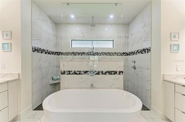 Bathroom, Free Standing Baths, Interior, Marble, Marble Walls, Recessed Lighting