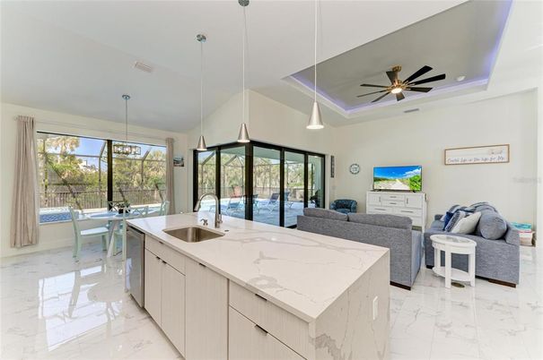 Dining room, Interior, Kitchen, Living room, Marble, Pendant Lights, Recessed Lighting
