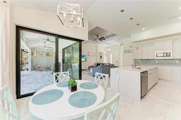 Dining room, Interior, Kitchen, Living room, Marble, Pendant Lights, Recessed Lighting