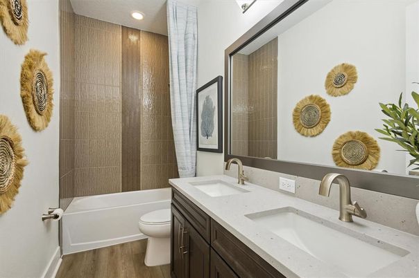 Bathroom, Dual Sink Vanities, Interior, Recessed Lighting, Wood Texture Flooring
