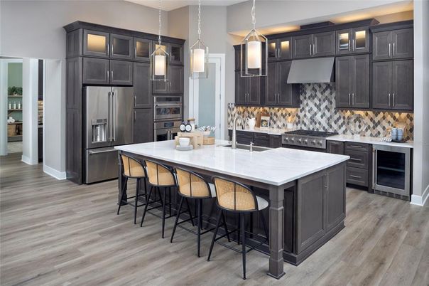 Interior, Kitchen, Pendant Lights, Stainless Steel Appliances, Wood Texture Flooring