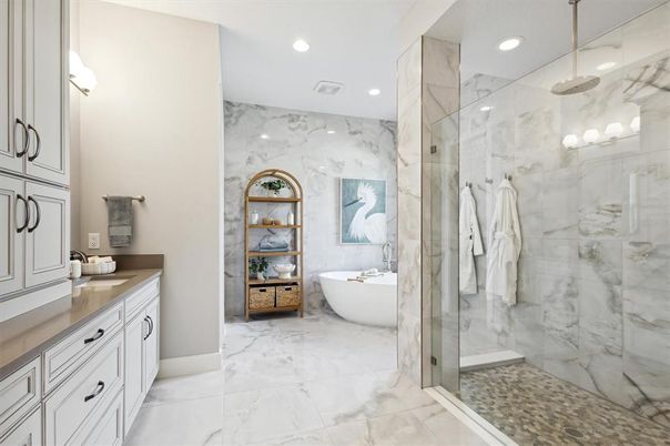 Bathroom, Free Standing Baths, Glass Shower, Interior, Marble, Marble Walls, Recessed Lighting
