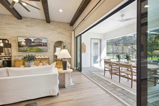 Dining room, Interior, Living room, Recessed Lighting, Stone Walls, Wooden Beams, Wood Texture Flooring