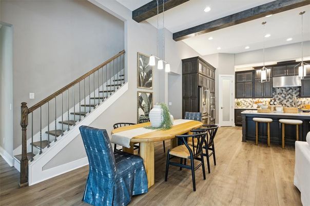 Dining room, Interior, Kitchen, Pendant Lights, Recessed Lighting, Stainless Steel Appliances, Wooden Beams, Wood Texture Flooring