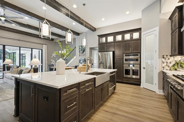 Interior, Kitchen, Living room, Pendant Lights, Recessed Lighting, Stainless Steel Appliances, Wooden Beams, Wood Texture Flooring