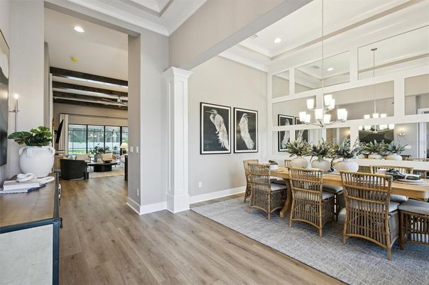 Chandelier, Dining room, Interior, Pendant Lights, Recessed Lighting, Wood Texture Flooring