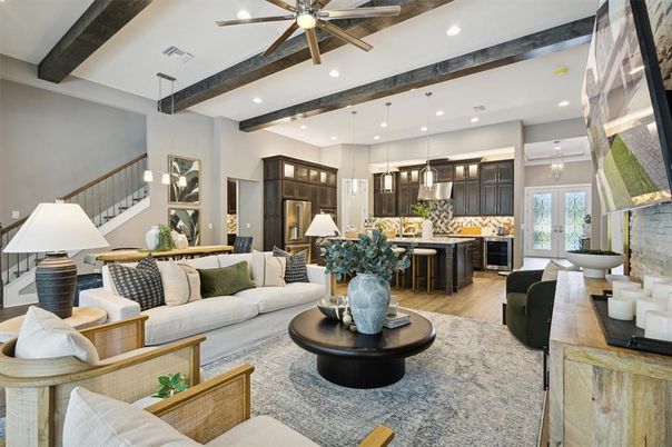 Interior, Kitchen, Living room, Pendant Lights, Recessed Lighting, Stainless Steel Appliances, Wooden Beams, Wood Texture Flooring