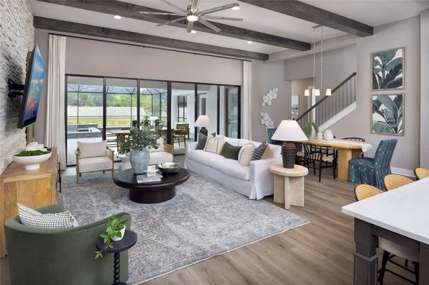 Interior, Living room, Pendant Lights, Recessed Lighting, Wooden Beams, Wood Texture Flooring