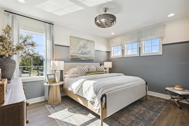 Bedroom, Interior, Recessed Lighting, Wood Texture Flooring