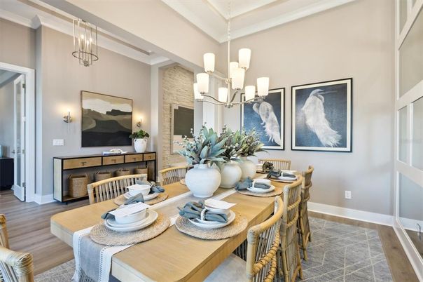 Chandelier, Dining room, Interior, Pendant Lights, Wood Texture Flooring