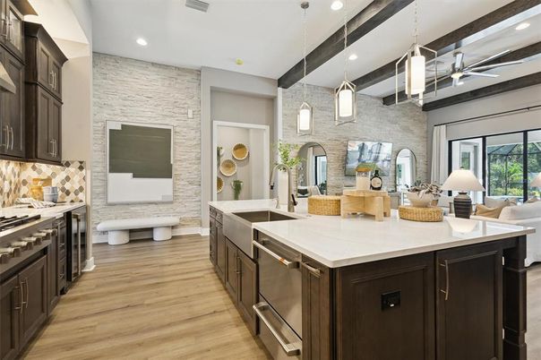 Interior, Kitchen, Pendant Lights, Recessed Lighting, Stainless Steel Appliances, Stone Walls, Wooden Beams, Wood Texture Flooring