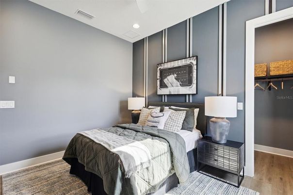 Bedroom, Interior, Recessed Lighting, Wood Texture Flooring