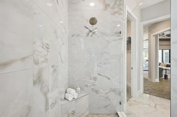 Bathroom, Glass Shower, Interior, Marble, Marble Walls, Recessed Lighting