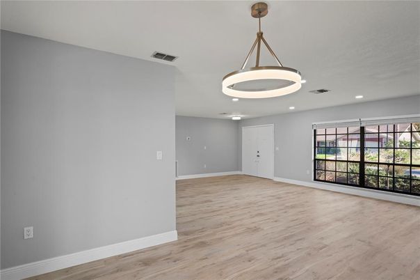 Empty room, Interior, Pendant Lights, Recessed Lighting, Wood Texture Flooring