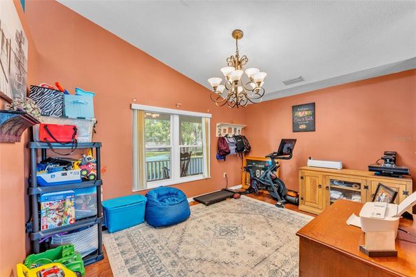 Chandelier, Fitness Equipment, Home Office, Interior, Wood Texture Flooring