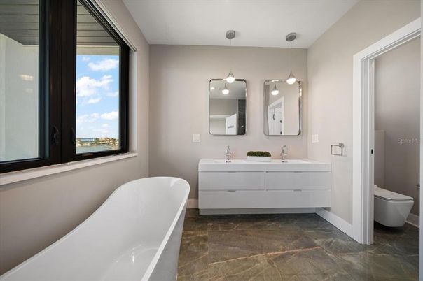Bathroom, Dual Sink Vanities, Free Standing Baths, Interior, Pendant Lights