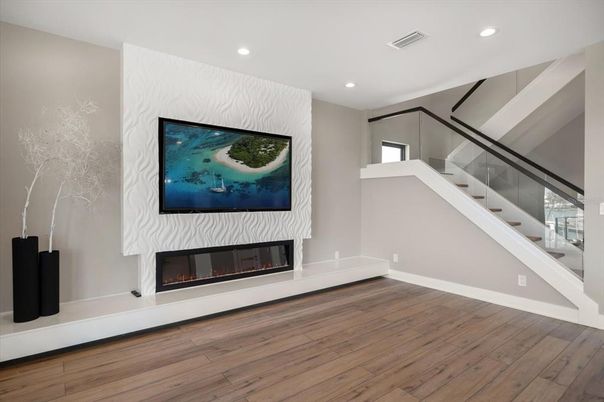Fireplace, Interior, Recessed Lighting, Wood Texture Flooring