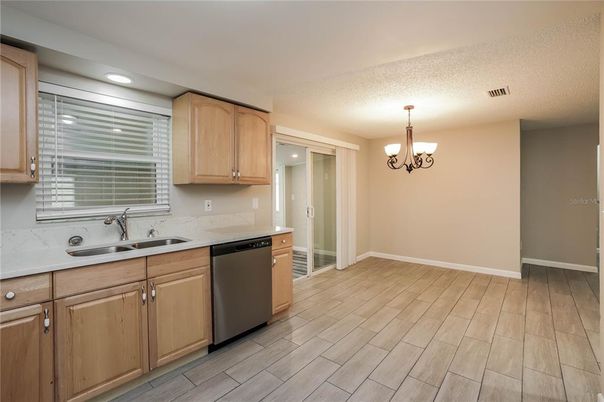 Chandelier, Interior, Kitchen, Recessed Lighting, Wood Texture Flooring