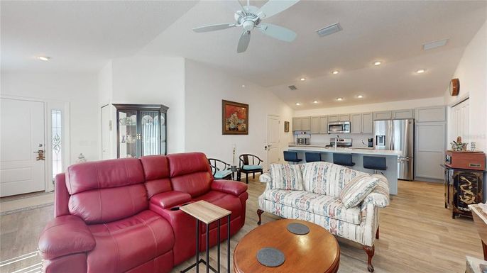 Dining room, Interior, Kitchen, Living room, Recessed Lighting, Stainless Steel Appliances, Wood Texture Flooring