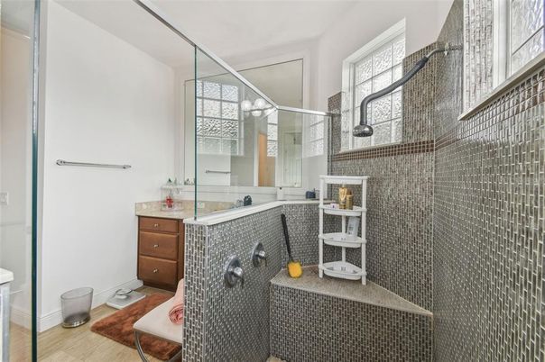 Bathroom, Glass Shower, Interior, Wood Texture Flooring