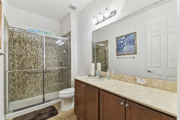 Bathroom, Glass Shower, Interior, Wood Texture Flooring
