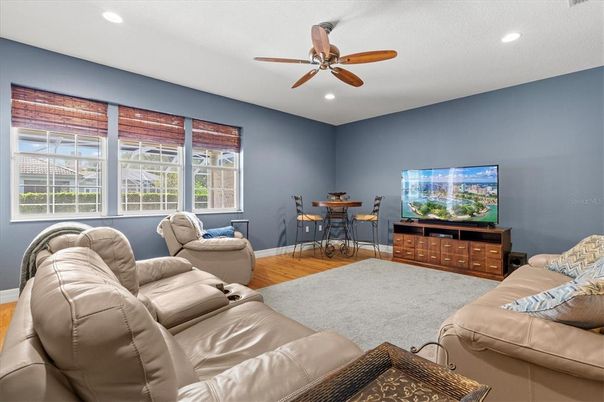 Dining room, Interior, Living room, Recessed Lighting, Wood Texture Flooring