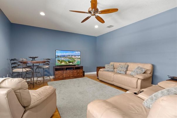 Dining room, Interior, Living room, Recessed Lighting, Wood Texture Flooring
