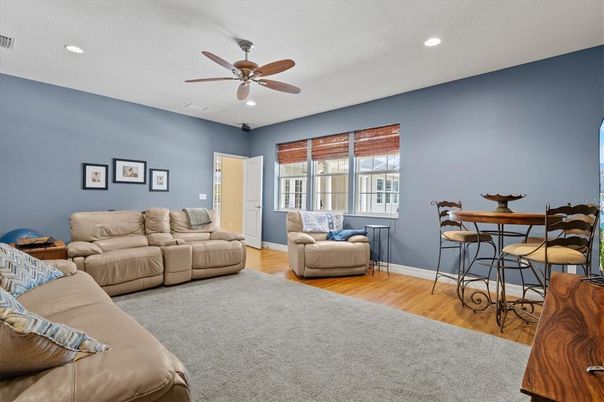 Dining room, Interior, Living room, Recessed Lighting, Wood Texture Flooring
