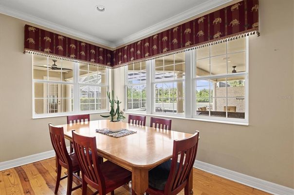 Dining room, Interior, Recessed Lighting, Wood Texture Flooring