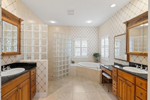 Bathroom, Dual Sink Vanities, Interior, Recessed Lighting, Tile Countertops