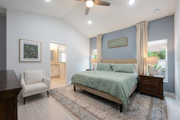 Bedroom, Interior, Recessed Lighting, Wood Texture Flooring