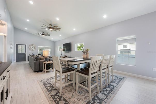 Dining room, Interior, Living room, Recessed Lighting, Wood Texture Flooring