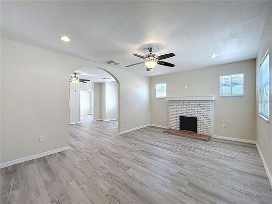 Empty room, Fireplace, Interior, Recessed Lighting, Wood Texture Flooring