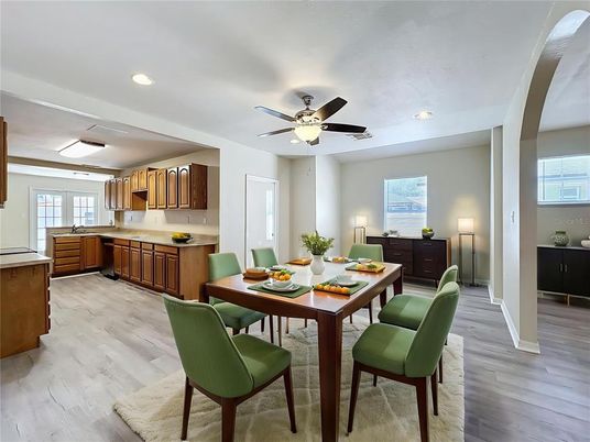 Dining room, Interior, Kitchen, Recessed Lighting, Wood Texture Flooring