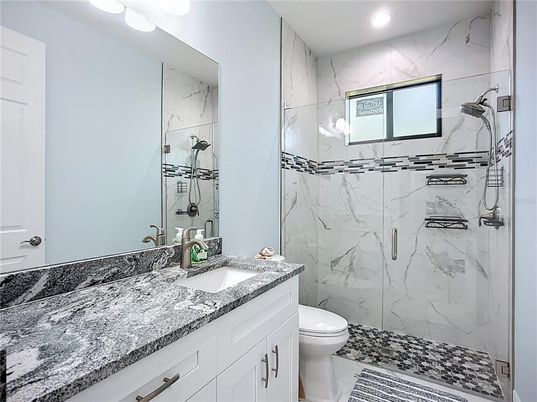 Bathroom, Glass Shower, Interior, Marble Walls, Recessed Lighting
