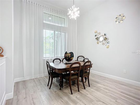 Dining room, Interior, Pendant Lights, Wood Texture Flooring