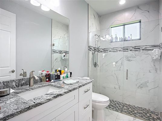 Bathroom, Glass Shower, Interior, Marble, Marble Walls, Recessed Lighting