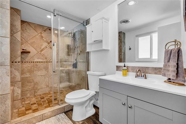 Bathroom, Glass Shower, Interior, Recessed Lighting, Wood Texture Flooring