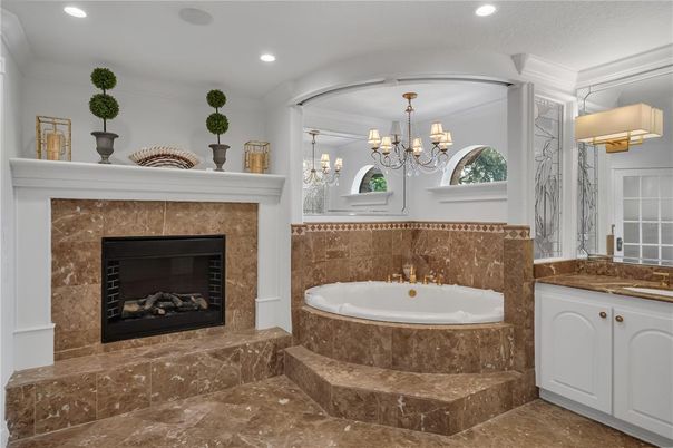 Bathroom, Chandelier, Fireplace, Interior, Recessed Lighting