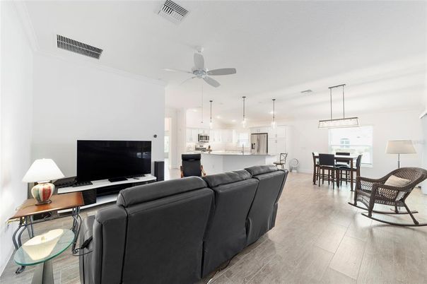 Dining room, Interior, Kitchen, Living room, Pendant Lights, Recessed Lighting, Wood Texture Flooring