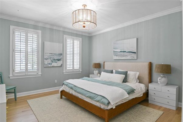 Bedroom, Interior, Pendant Lights, Wood Texture Flooring