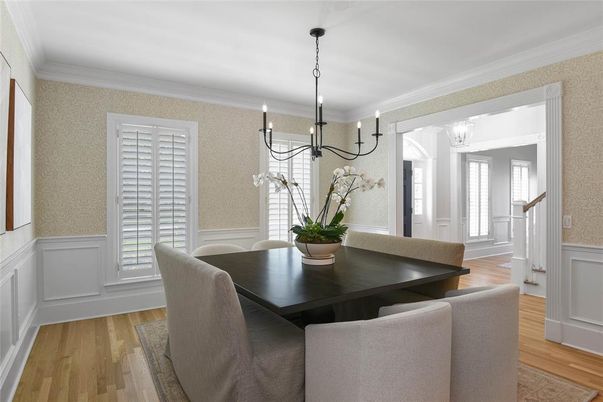 Chandelier, Dining room, Interior, Pendant Lights, Wood Texture Flooring