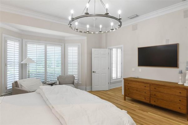 Bedroom, Chandelier, Interior, Pendant Lights, Wood Texture Flooring