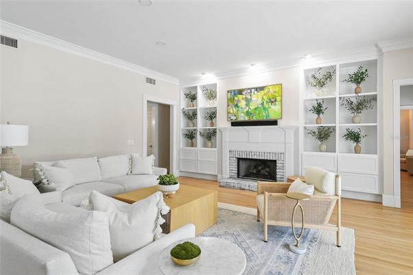 Fireplace, Interior, Living room, Recessed Lighting, Wood Texture Flooring