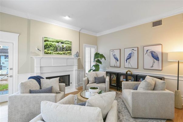 Fireplace, Interior, Living room, Recessed Lighting, Wood Texture Flooring