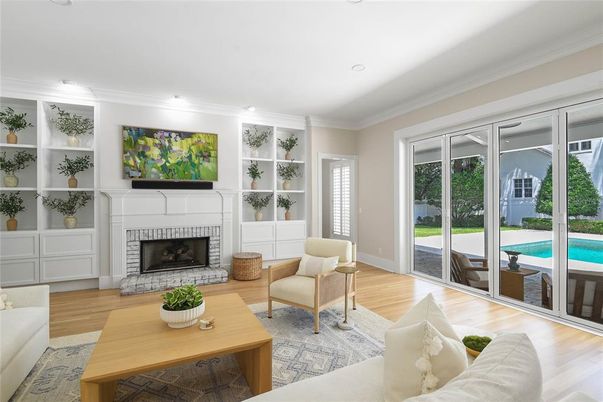 Fireplace, Interior, Living room, Recessed Lighting, Wood Texture Flooring