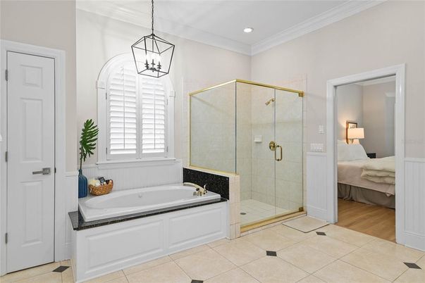 Bathroom, Bedroom, Glass Shower, Interior, Pendant Lights, Recessed Lighting, Wood Texture Flooring