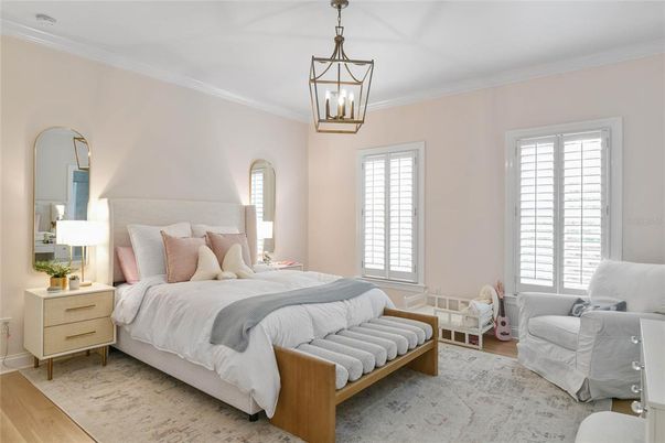 Bedroom, Interior, Pendant Lights, Wood Texture Flooring