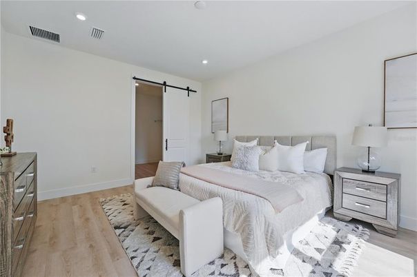 Bedroom, Interior, Recessed Lighting, Wood Texture Flooring
