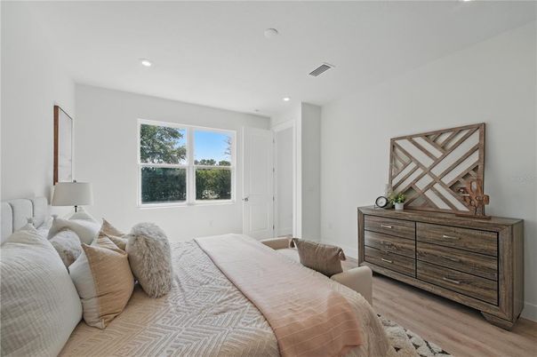 Bedroom, Interior, Recessed Lighting, Wood Texture Flooring